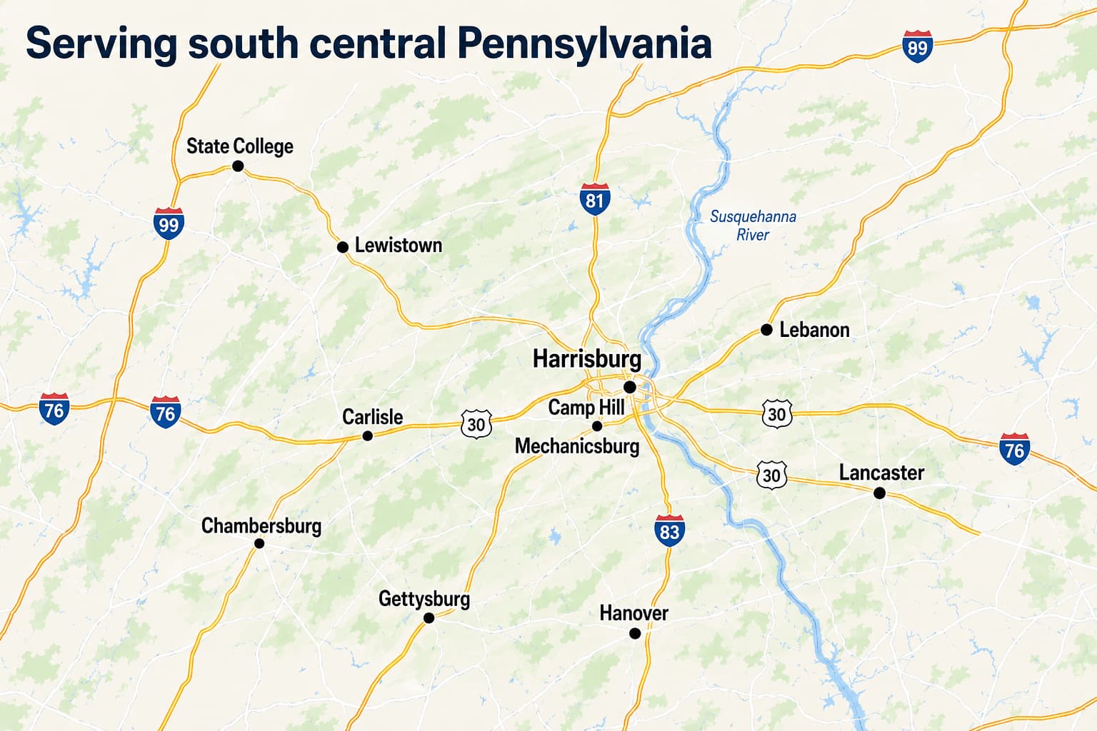 Map showing Central PA Septic Service coverage area across central Pennsylvania
